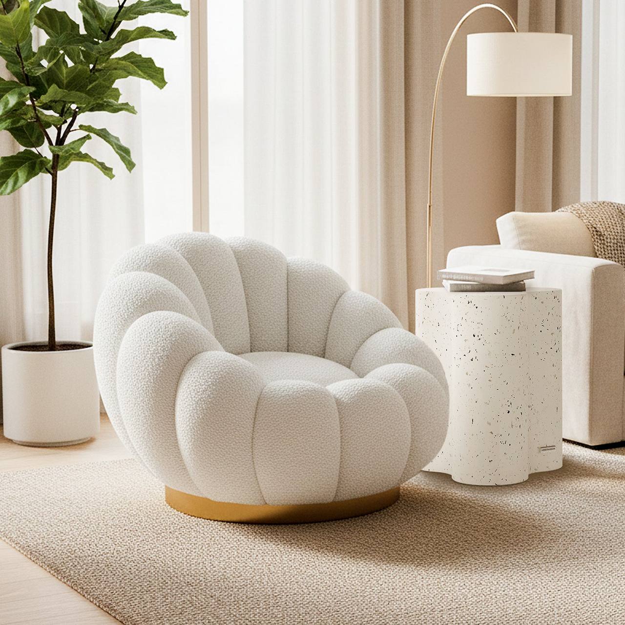 Fotoliu rotativ din material boucle, confort superior și design contemporan